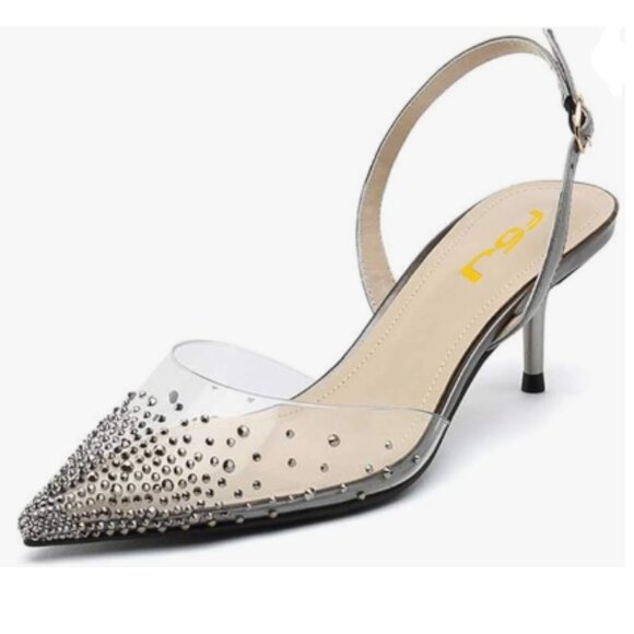 FSJ Grey Crystal Studded Clear Pump Sparkle Rhinestones Low Heel Slingback Shoes - Picture 1 of 8